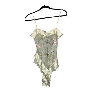 Flora Nikrooz Embroidered Sheer Bodysuit Cream Ivory Floral Satin Med Small USA